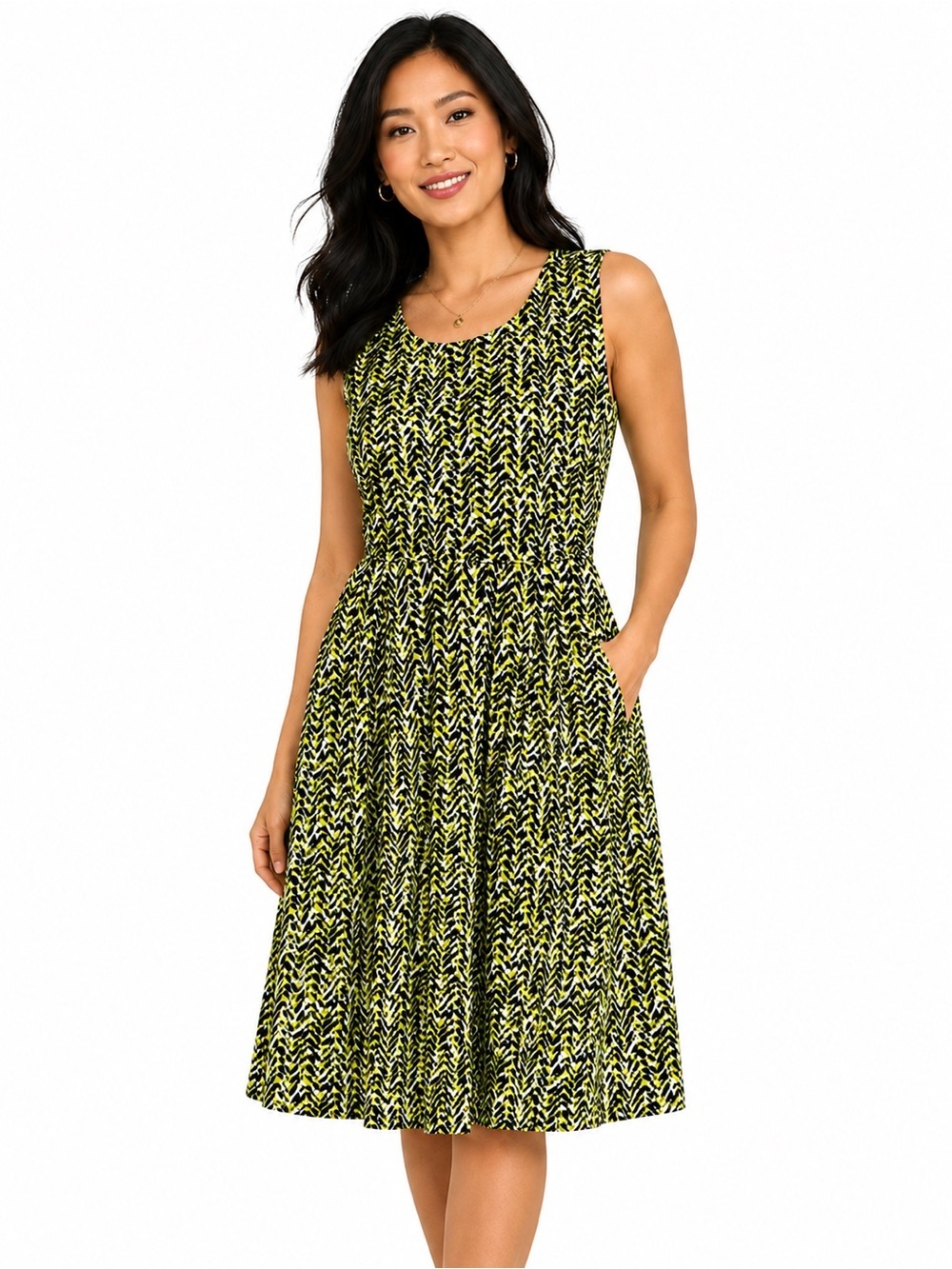 Ann Taylor Women’s Size 14 Green Black Abstract Sleeveless Fit Flare Dress